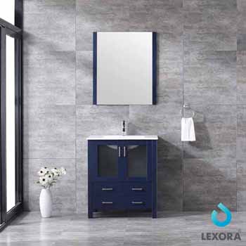 Lexora Home Volez 30" Navy Blue Single Vanity, Integrated Top, White Integrated Square Sink and 28" Mirror, 30"W x 18-1/4"D x 34"H