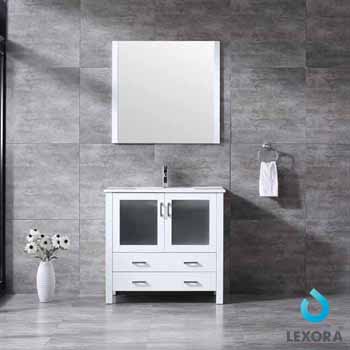Lexora Home Volez 36" White Single Vanity, Integrated Top, White Integrated Square Sink and 34" Mirror, 36"W x 18-1/4"D x 34"H