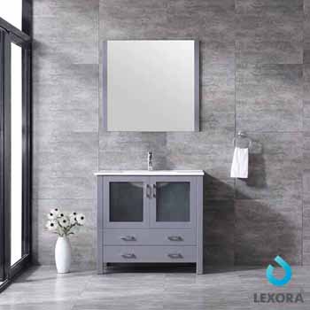 Lexora Home Volez 36" Dark Grey Single Vanity, Integrated Top, White Integrated Square Sink and 34" Mirror, 36"W x 18-1/4"D x 34"H