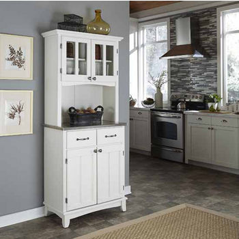 White Finish Two-Door Hutch Buffet Server with Stainless Steel Top