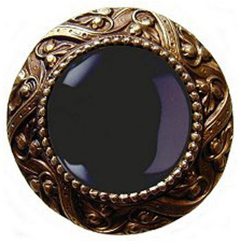 Knob, Victorian Jewel, Black Onyx, Antique Brass