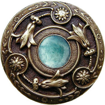 Notting Hill Jewels Collection 1-3/8" Diameter Jeweled Lily Round Knob in Antique Brass with Green Aventurine Natural Stone, 1-3/8" Diameter x 1-1/8" D