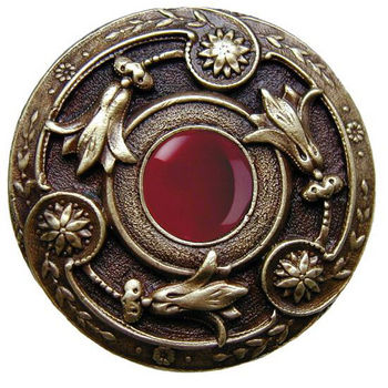 Notting Hill Jewels Collection 1-3/8" Diameter Jeweled Lily Round Knob in Antique Brass with Red Carnelian Natural Stone, 1-3/8" Diameter x 1-1/8" D
