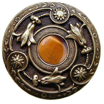 Notting Hill Jewels Collection 1-3/8" Diameter Jeweled Lily Round Knob in Antique Brass with Tiger Eye Natural Stone, 1-3/8" Diameter x 1-1/8" D