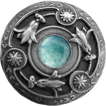 Notting Hill Jewels Collection 1-3/8" Diameter Jeweled Lily Round Knob in Antique Pewter with Green Aventurine Natural Stone, 1-3/8" Diameter x 1-1/8" D