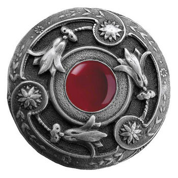 Notting Hill Jewels Collection 1-3/8" Diameter Jeweled Lily Round Knob in Antique Pewter with Red Carnelian Natural Stone, 1-3/8" Diameter x 1-1/8" D
