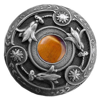 Notting Hill Jewels Collection 1-3/8" Diameter Jeweled Lily Round Knob in Antique Pewter with Tiger Eye Natural Stone, 1-3/8" Diameter x 1-1/8" D