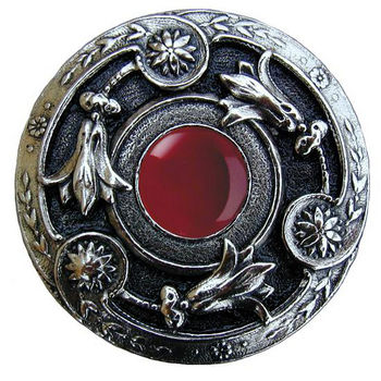 Notting Hill Jewels Collection 1-3/8" Diameter Jeweled Lily Round Knob in Brite Nickel with Red Carnelian Natural Stone, 1-3/8" Diameter x 1-1/8" D