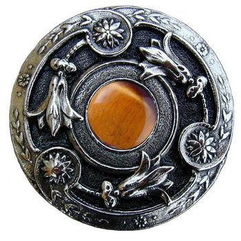 Notting Hill Jewels Collection 1-3/8" Diameter Jeweled Lily Round Knob in Brite Nickel with Tiger Eye Natural Stone, 1-3/8" Diameter x 1-1/8" D