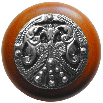 Notting Hill Classic Collection 1-1/2'' Diameter Regal Crest Cherry Wood Round Knob in Brilliant Pewter, 1-1/2'' Diameter x 1-1/8'' D