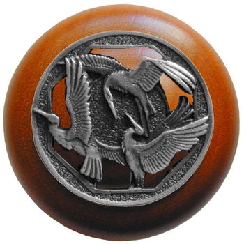 Notting Hill Lodge & Nature Collection 1-1/2'' Diameter Crane Dance Cherry Wood Round Knob in Antique Pewter, 1-1/2'' Diameter x 1-1/8'' D