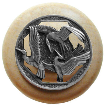 Notting Hill Lodge & Nature Collection 1-1/2'' Diameter Crane Dance Natural Wood Round Knob in Antique Pewter, 1-1/2'' Diameter x 1-1/8'' D