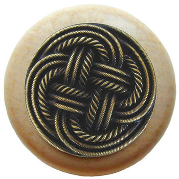 Knob, Classic Weave, Natural Wood, Antique Brass