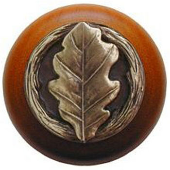Notting Hill Leaves Collection 1-1/2'' Diameter Oak Leaf Cherry Wood Round Knob in Antique Brass, 1-1/2'' Diameter x 1-1/8'' D