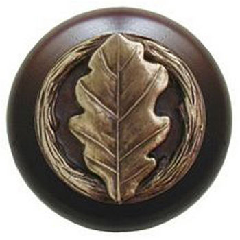 Notting Hill Leaves Collection 1-1/2'' Diameter Oak Leaf Dark Walnut Wood Round Knob in Antique Brass, 1-1/2'' Diameter x 1-1/8'' D