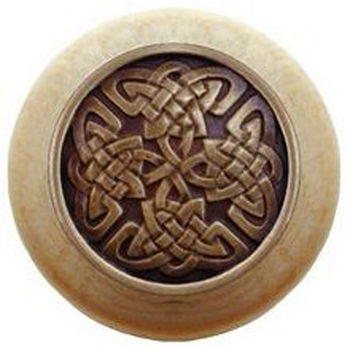 Notting Hill Nouveau Collection 1-1/2'' Diameter Celtic Isles Natural Wood Round Knob in Antique Brass, 1-1/2'' Diameter x 1-1/8'' D