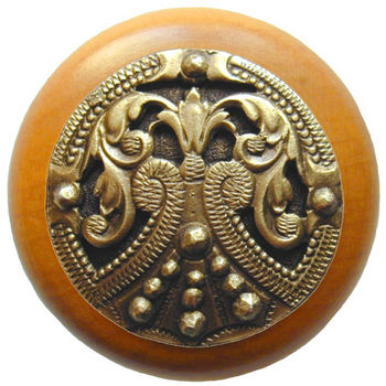 Knob, Regal Crest, Maple Wood w/ Pewter, Antique Brass