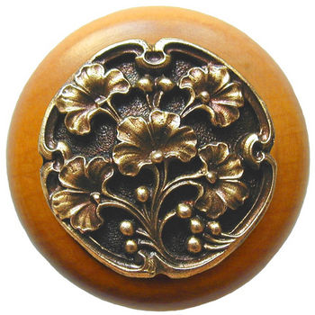 Knob, Gingko Berry, Maple Wood w/ Pewter, Antique Brass