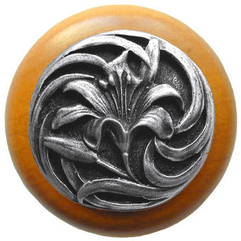 Knob, Tiger Lily, Maple Wood w/ Pewter, Antique Pewter
