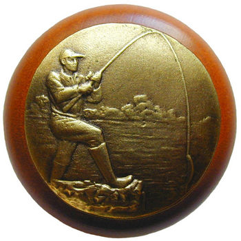 Knob, Catch of the Day, Cherry Wood, Antique Brass