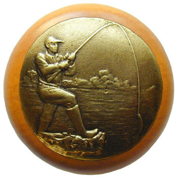 Knob, Catch of the Day, Maple Wood, Antique Brass
