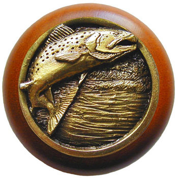 Knob, Leaping Trout, Cherry Wood & Pewter, Antique Brass