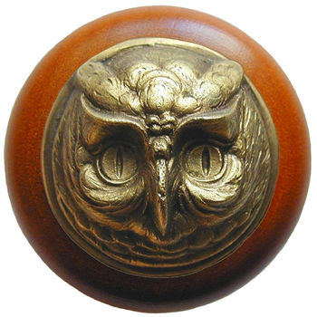Knob, Wise Owl, Cherry Wood w/ Pewter, Antique Brass