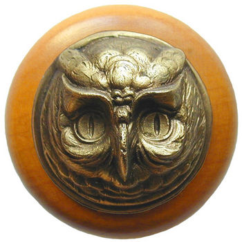 Knob, Wise Owl, Maple Wood w/ Pewter, Antique Brass