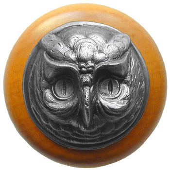 Knob, Wise Owl, Maple Wood w/ Pewter, Antique Pewter