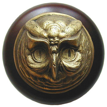 Knob, Wise Owl, Walnut Wood w/ Pewter, Antique Brass