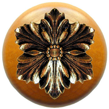 Knob, Opulent Flower, Maple Wood, Brite Brass
