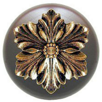 Knob, Opulent Flower, Walnut Wood, Brite Brass
