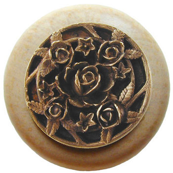 Knob, Saratoga Rose, Natural Wood, Antique Brass