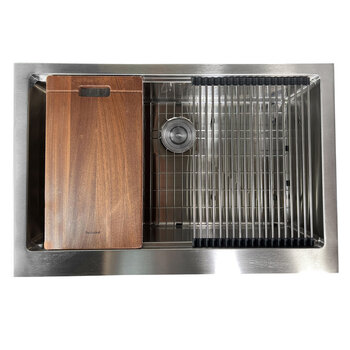 Nantucket Sinks Pro Series 33'' W PrepStation Single Bowl Farmhouse Apron Front Stainless Steel Kitchen Sink with Cutting Board, Roll Up Mat, Bottom Grid, and Drain, Product View