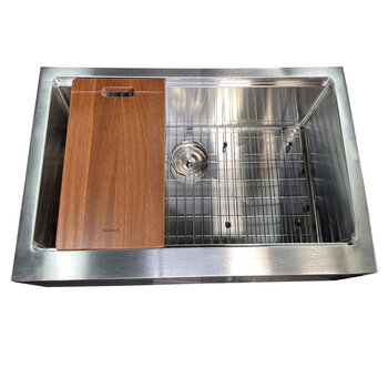 Nantucket Sinks Pro Series 33'' W PrepStation Single Bowl Farmhouse Apron Front Stainless Steel Kitchen Sink with Cutting Board, Roll Up Mat, Bottom Grid, and Drain, Overhead View