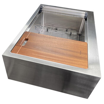 Nantucket Sinks Pro Series 33'' W PrepStation Single Bowl Farmhouse Apron Front Stainless Steel Kitchen Sink with Cutting Board, Roll Up Mat, Bottom Grid, and Drain, Side View