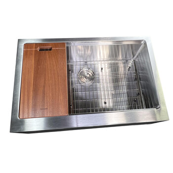 Nantucket Sinks Pro Series 33'' W PrepStation Single Bowl Farmhouse Apron Front Stainless Steel Kitchen Sink with Cutting Board, Roll Up Mat, Bottom Grid, and Drain, Sink w/ Accessories Overhead View