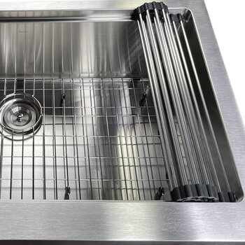 Nantucket Sinks Pro Series 33'' W PrepStation Single Bowl Farmhouse Apron Front Stainless Steel Kitchen Sink with Cutting Board, Roll Up Mat, Bottom Grid, and Drain, Close Up Roll Up Mat  View