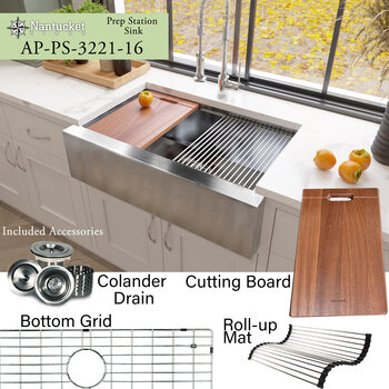 Nantucket Sinks Pro Series 33'' W PrepStation Single Bowl Farmhouse Apron Front Stainless Steel Kitchen Sink with Cutting Board, Roll Up Mat, Bottom Grid, and Drain, Included Accessories