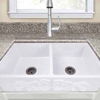 Nantucket Sinks Vineyard Collection 33" Double Bowl Farmhouse Fireclay Sink with Filigree Apron, Porcelain Enamel Glaze White Finish, 33"W x 18"D x 10"H