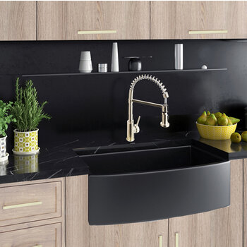 Nantucket Sinks Vineyard Collection 33'' W Farmhouse Fireclay Sink with Curved Front Apron, 33'' W x 19-1/4'' D x 10'' H, 33'' W Matte Black In Use Kitchen View