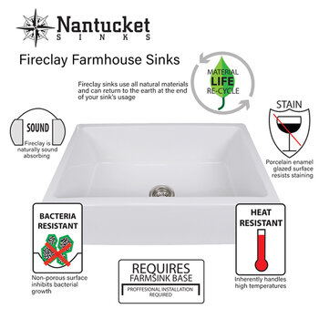 Nantucket Sinks Vineyard Collection 30" Premium Farmhouse Fireclay Grapes Vine Motif Front Apron Single Bowl Kitchen Sink, White