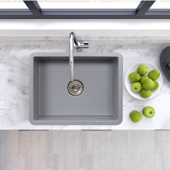 Nantucket Sinks Island Collection 24'' W Fireclay Single Bowl Dual Mount Sink in Matte Grey, 23-1/2'' W x 18'' D x 8-3/4'' H, In Use Overhead View