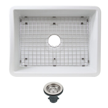 Nantucket Sinks Island Collection 24'' W Fireclay Single Bowl Dual Mount Sink with Grid and Strainer, White Included Items