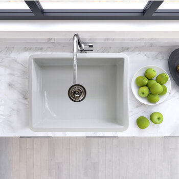 Nantucket Sinks Island Collection 24'' W Fireclay Single Bowl Dual Mount Sink with Grid and Strainer, White In Use Kitchen Overhead View