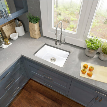 Nantucket Sinks Island Collection 24'' W Fireclay Single Bowl Dual Mount Sink with Grid and Strainer, White In Use Kitchen Angle View