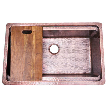 Nantucket Sinks Brightwork 32'' W Hand Hammered 16-Gauge Copper PrepStation Dual Mount Kitchen Sink in Antique Copper with Acacia Wood Cutting Board, Product View