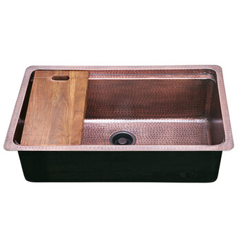 Nantucket Sinks Brightwork 32'' W Hand Hammered 16-Gauge Copper PrepStation Dual Mount Kitchen Sink in Antique Copper with Acacia Wood Cutting Board, Front View