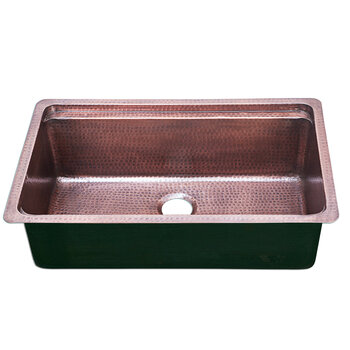 Nantucket Sinks Brightwork 32'' W Hand Hammered 16-Gauge Copper PrepStation Dual Mount Kitchen Sink in Antique Copper with Acacia Wood Cutting Board, Sink Front View
