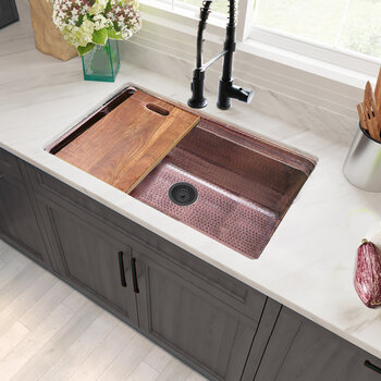 Nantucket Sinks Brightwork 32'' W Hand Hammered 16-Gauge Copper PrepStation Dual Mount Kitchen Sink in Antique Copper with Acacia Wood Cutting Board, Installed Overhead View